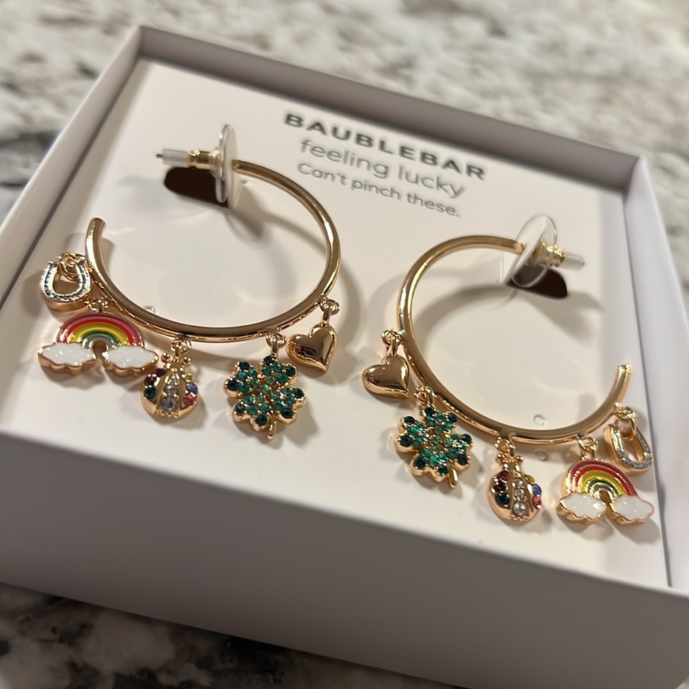 BaubleBar rainbow clover horseshoe dangle hoops Earrings with BNIB